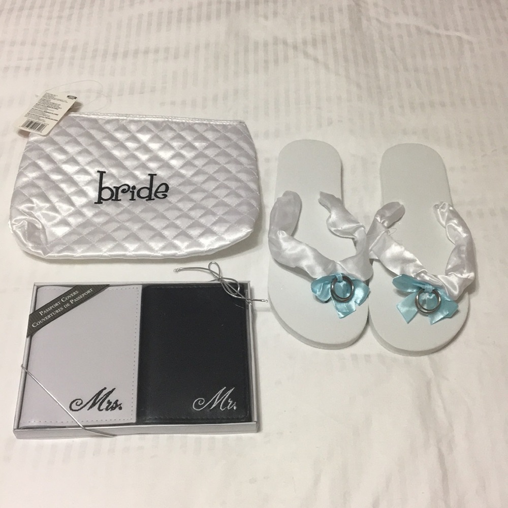 Bridal Flip flops, passport cover, cosmetic bag